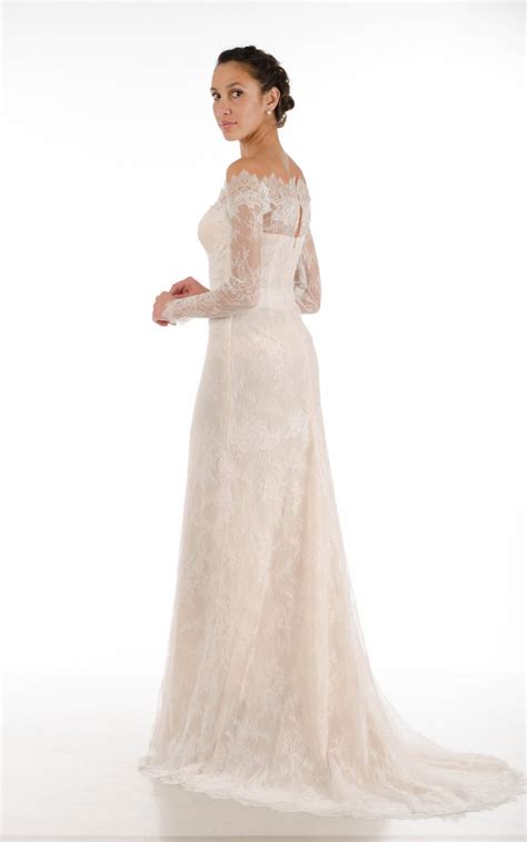 Long Sleeves Lace Bridal Gown With Train In Nude Color Etsy