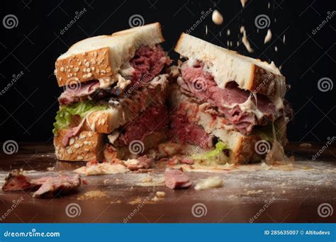 Sandwich With A Bite Taken Out Crumbs Around It Stock Image Image Of