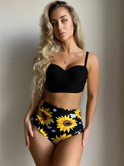 Conjunto De Bikini Con Estampado De Girasol Sujetador Push Up Con Aros