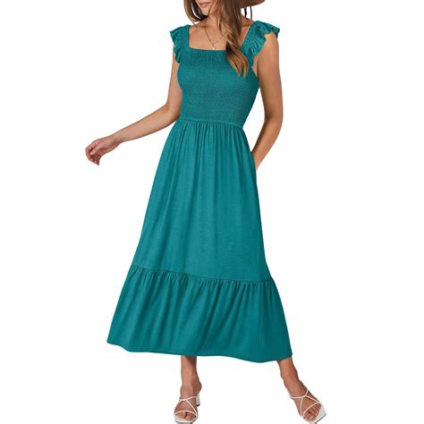 Munlar Long Womens Sun Dress Green Sleeveless Summer A Line Ruffles