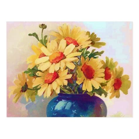 Vintage Yellow Flowers In Blue Vase Postcard