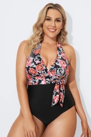 Fashion Faux Wrap Halter One Piece Swimsuit Meet Curve Meet Curve