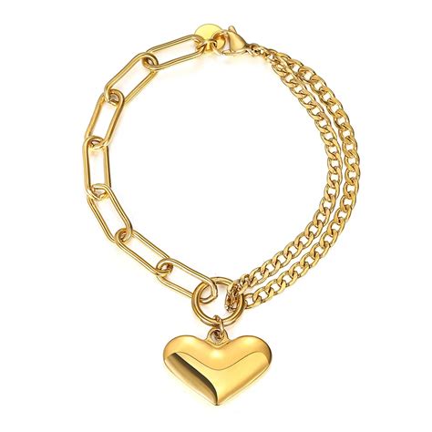 Chunky Heart Love Charm Bracelet For Women Stainless Steel Curb Cuban