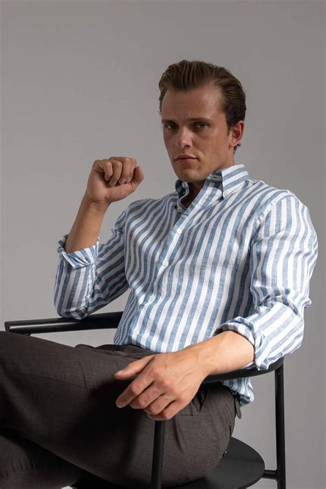 White/Blue Butcher Stripe Linen Shirt - Mond