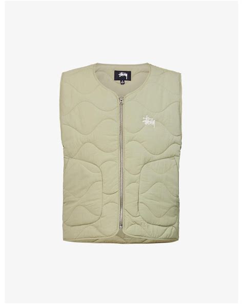 Stussy Brand Embroidered Quilted Boxy Fit Recycled Nylon Vest In Brown