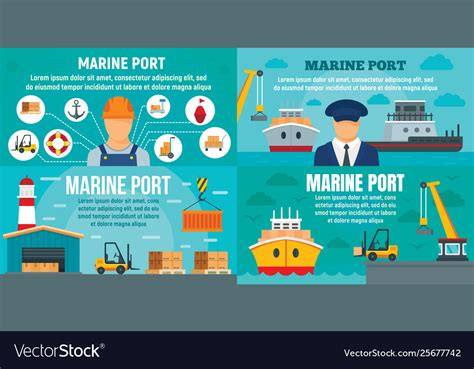 Marine Port Banner Set Flat Style Royalty Free Vector Image