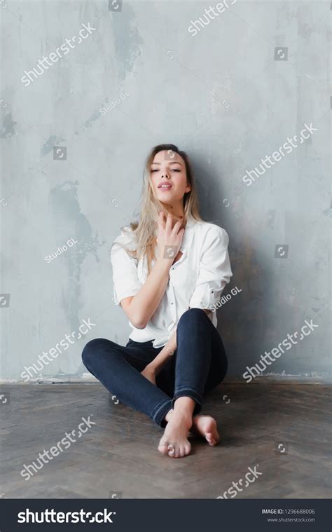 Model Blonde Barefoot Blue Jeans White Stock Photo Shutterstock