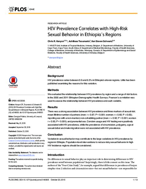 Pdf Hiv Prevalence Correlates With High Risk Sexual Behavior In