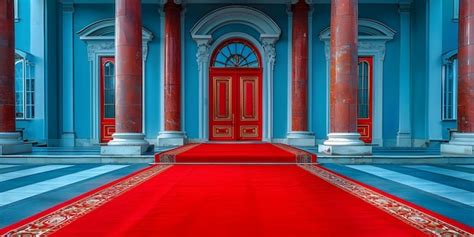 A Majestic Red Carpet Leading To The Opulent Entrance Of A Modern