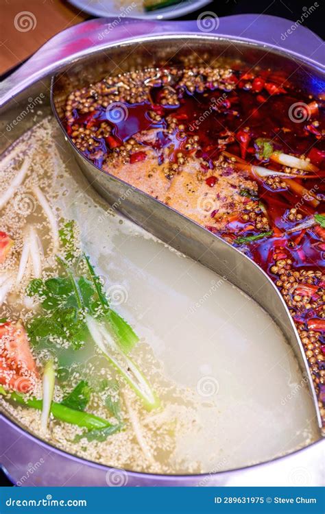 Spicy Pot And Clear Soup Pot Of Chongqing Hot Pot Close Up Stock Image Image Of Dish
