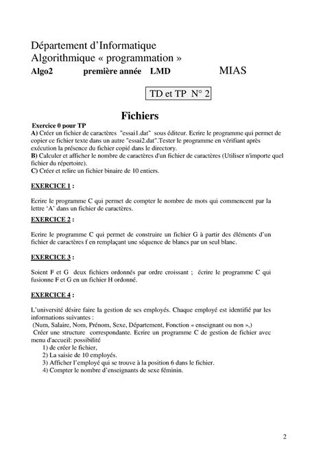 Fiche Td D Partement Dinformatique Algorithmique Programmation