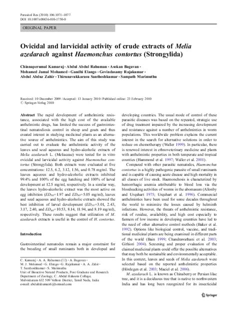 Pdf Ovicidal And Larvicidal Activity Of Crude Extracts Of Melia