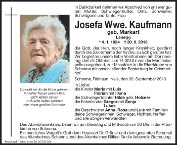 Traueranzeigen Von Josefa Kaufmann Trauer Bz