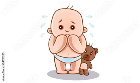 Vector Cartoon Illustration Cute Baby And Teddy Bear Is Both Scared