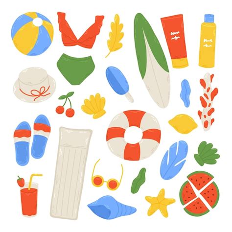 Sommerset Mit Niedlichen Strandelementen Bikini Wassermelone Sonnencreme Flip Flops Muschel