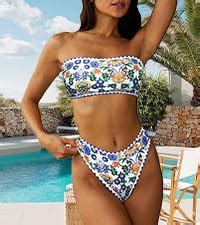 Amazon Zaful Women Strapless Ribbed High Cut Bandeau Bikini Lace Up Pieces Swimwear