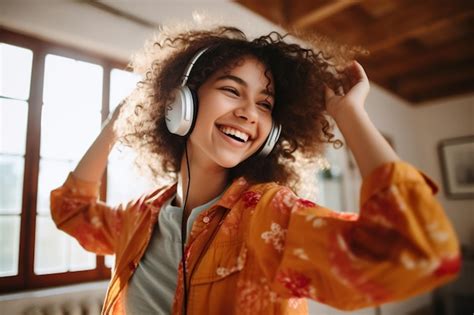 Feliz y divertida generación z latina jovencita usando audífonos bailando en casa Foto Premium
