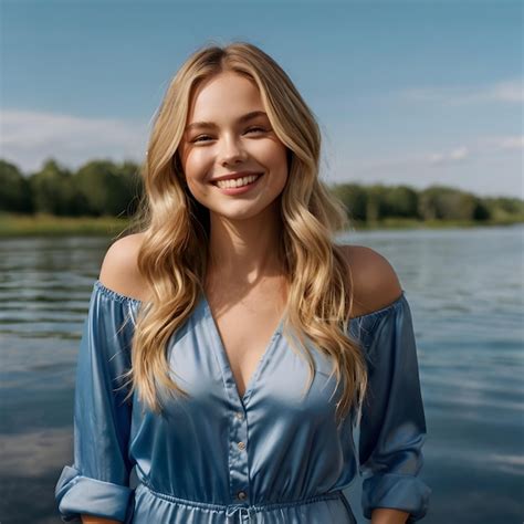 A Woman With Long Wavy Blonde Hair Beaming With Confidence And Happiness Premium Ai Generated