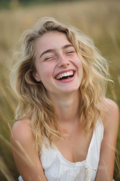 Portrait Of A Sweet Woman Blonde Laughing Joyfully Premium AI Generated Image