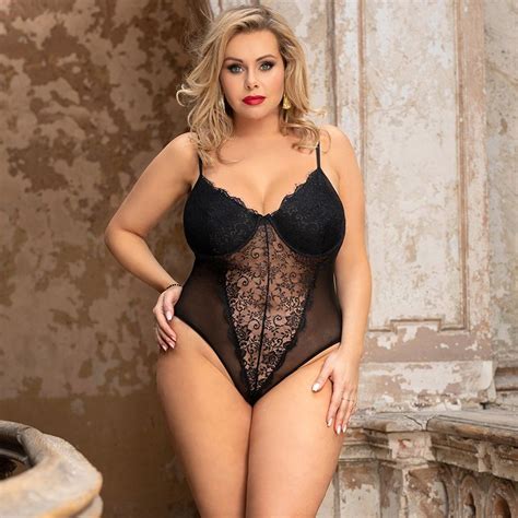 Women Transparent Black Mesh Floral Lace Sheer Bodysuit Plus Size Lingerie Sexy Lingerie And