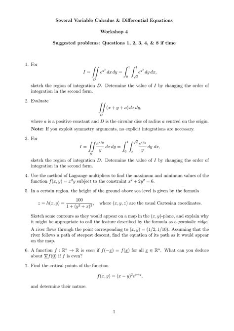 Workshop Several Variable Calculus Differential Equations