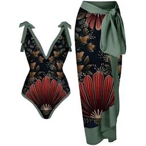 Inunt Nero Retro Stampa Lotus One Piece Bikini Conservative Belly Shading Slim Beach Gonna Spa