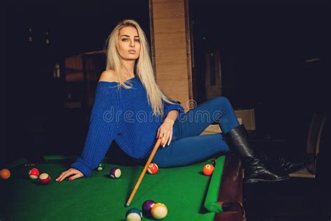 Gorgeous Blonde Lady Plays Billiard Pool Table Stock Photos Free