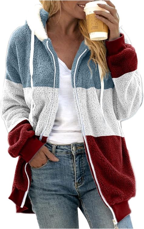 Teddyfleece Jacke Damen Flauschig Teddy Fleecejacke Lang Patchwork