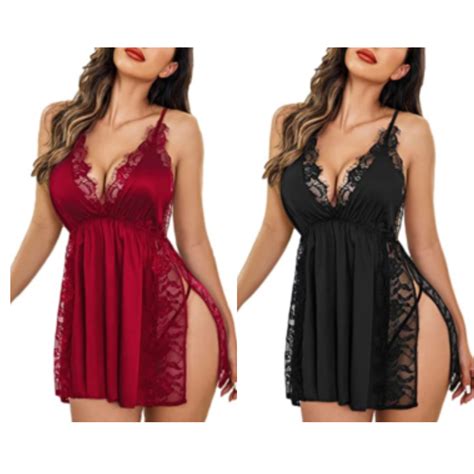 Fancyra Babydoll Nightwear Combo Lingerie Satin Lace Chemise Nightgown Sexy Side Slit Sleepwear