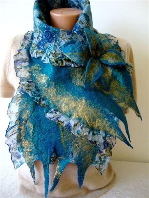 Women S Felted Scarf With Felt Flower Brooch Merino Wool Felted Collar