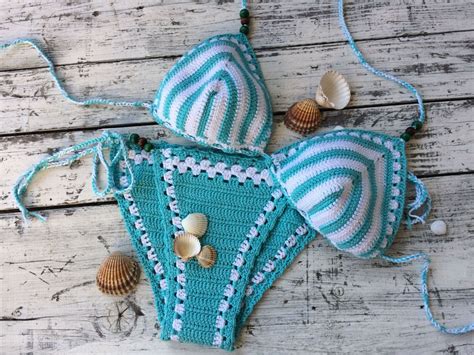 Crochet Bikini Crochet Swimsuit Triangle Bikini Stripes Bikini White Crochet Diy Crochet