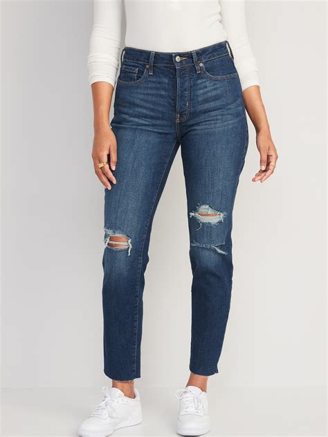 Old Navy High Waisted Button Fly O G Straight Ripped Cut Off Jeans For