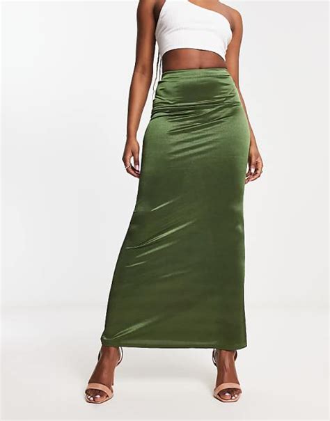 Asos Design Jersey Satin Twill Maxi Skirt In Khaki Asos