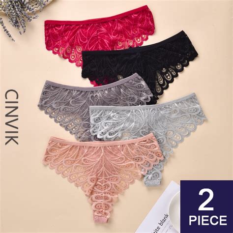 CINVIK 2 Pcs Women Thongs Sexy Lace T Back Panties Hollow Out G String