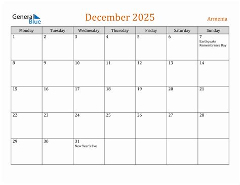 Free December 2025 Armenia Calendar