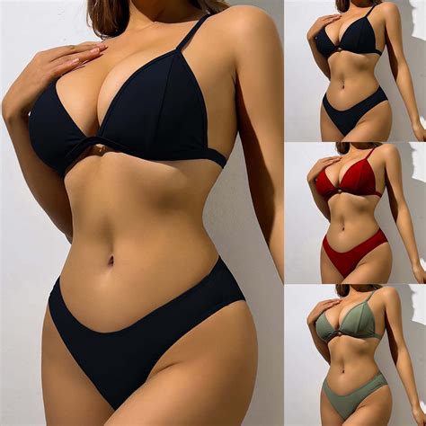 Jacenvly Bikini Swimsuits For Women Soft Satiny Women S Solid Color Swimwear Two Piece Slim