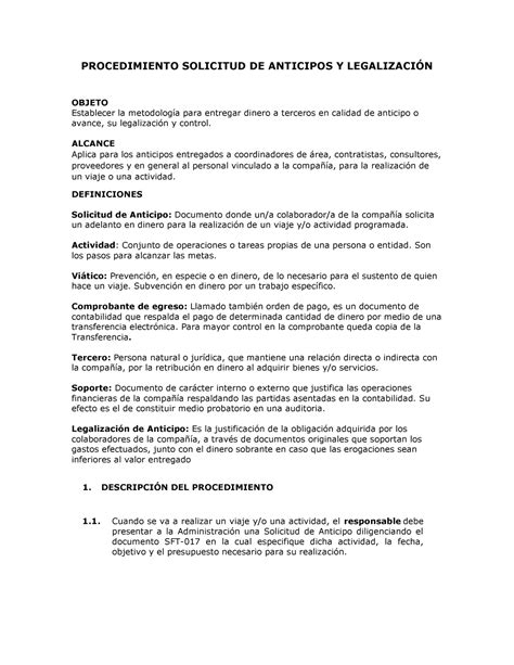 Procedimiento Solicitud De Anticipos Y Legalizaci N Procedimiento