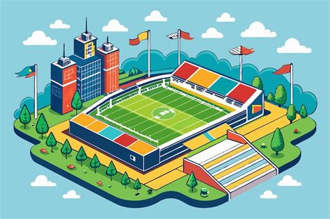 A detailed sketch depicts a football field inside a vibrant stadium ...