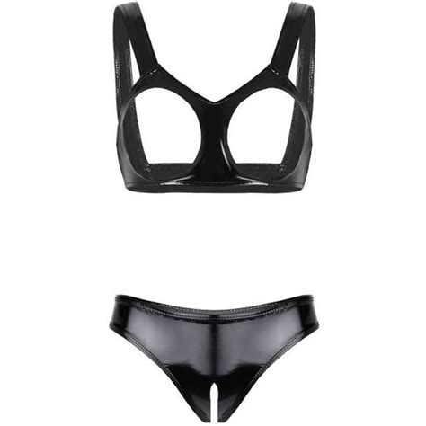 YIZYIF Lingerie Sexy Femme Ouverte Entrejambe String Cuir Soutien Gorge Sein Nu S XXL Noir Noir