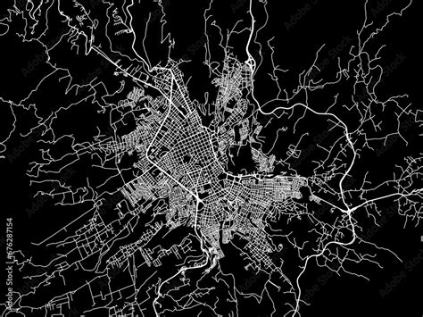 Vector road map of the city of Pasto in Colombia with white roads on a black background. Stock ...