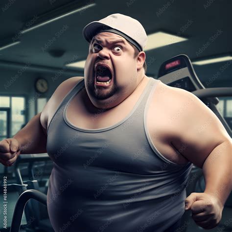 angry fat boy in gym different face emotions screaming large open mouth and eyes generative ai