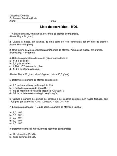 Lista De Exercícios Mol E Massa Molar Com Gabarito - Lista de Exercícios sobre Mol e Massas Molares | PDF | Mol (unidade ...