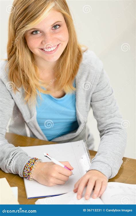 Smiling Student Teenager Sitting Behind Desk Write Stock Image Image