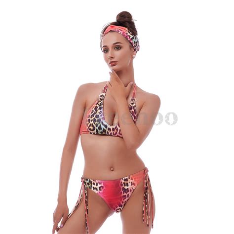 Womens Sexy Pink Leopard Allover Print With Headband Bikini Suit China Swimwear And Swimsuit