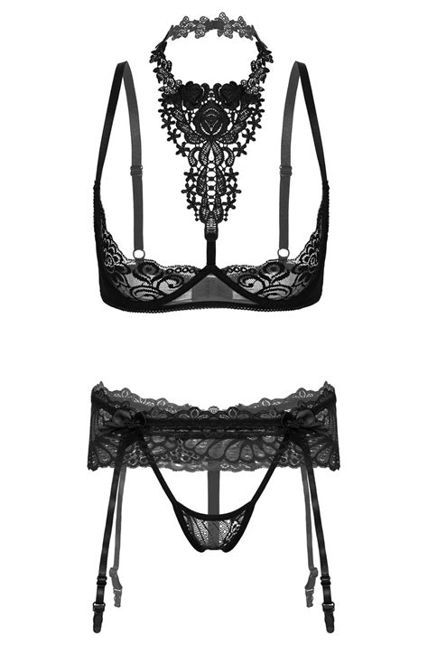 Set Lingerie Noir En Dentelle Et Broderie Soutien Gorge Et Porte Jarretelle Sexy JAPAN
