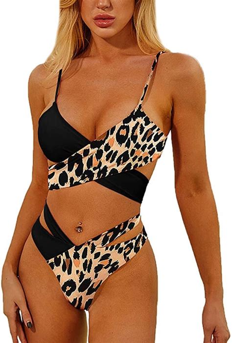 Women Summer Bikini Set Leopard Print Color Block Swimming Piece Wf Shopping