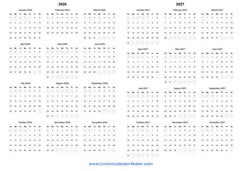 Printable Yearly Calendar 2026 - Full Year at a Glance | Custom