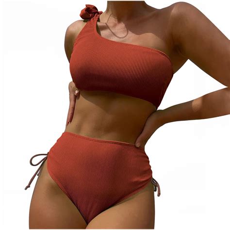 Hfyihgf Women One Shoulder Bikini Set Sexy Two Piece Ribbed High Cut Swimsuits Cheeky Side Tie