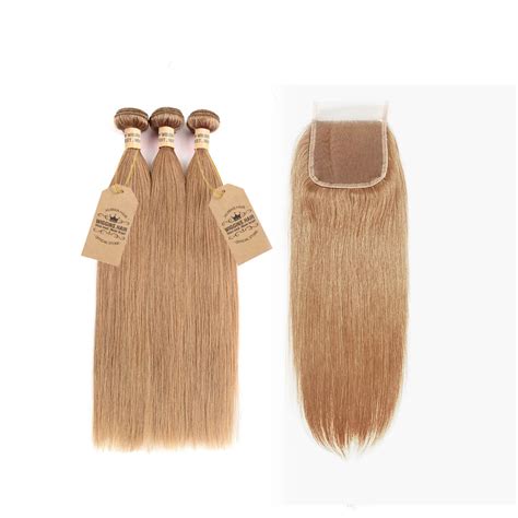 27 Color Honey Blonde Brazilian Straight Hair 3 Bundles With Closure Wiggins Hair