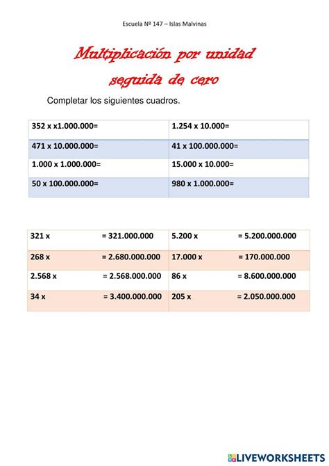 Multiplicación Por Unidad Seguida De Cero Live Worksheets